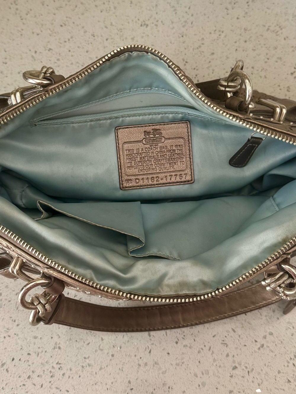 Coach Metallic Taupe Woven Leather Satchel with Stud Accents - Picture 5 of 5